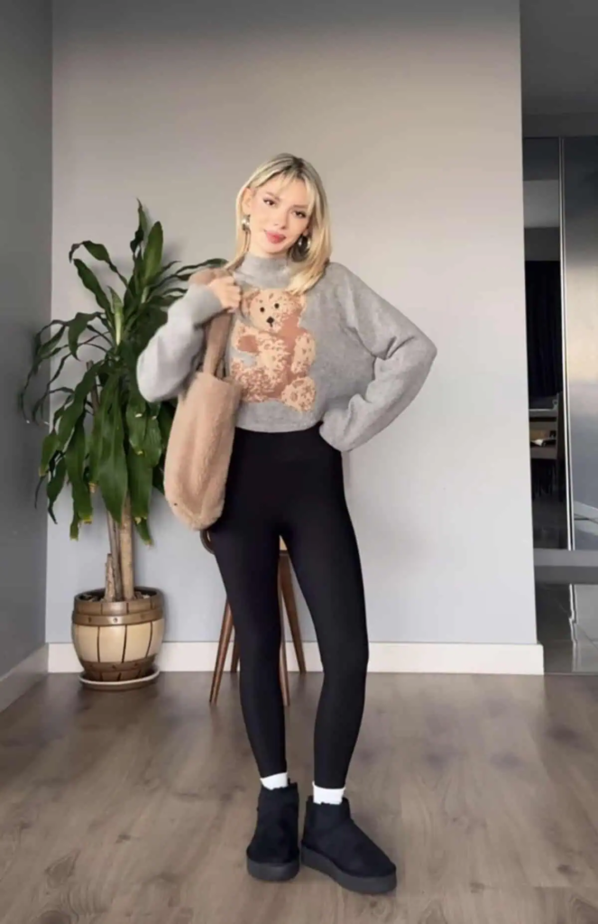 Cozy Teddy Sweater and Black Leggings