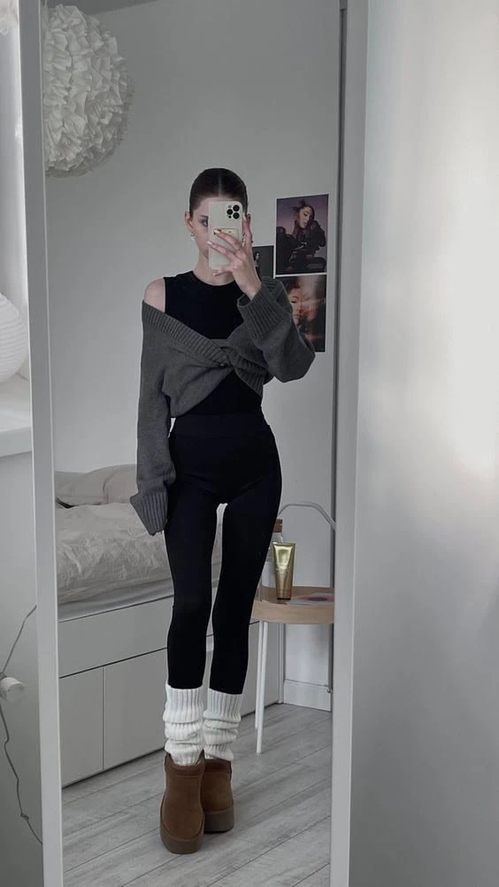 Black Leggings with Chunky Knit Layers