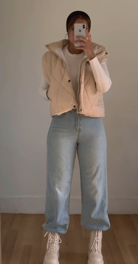 Cream Puffer Vest and Ribbed Layers