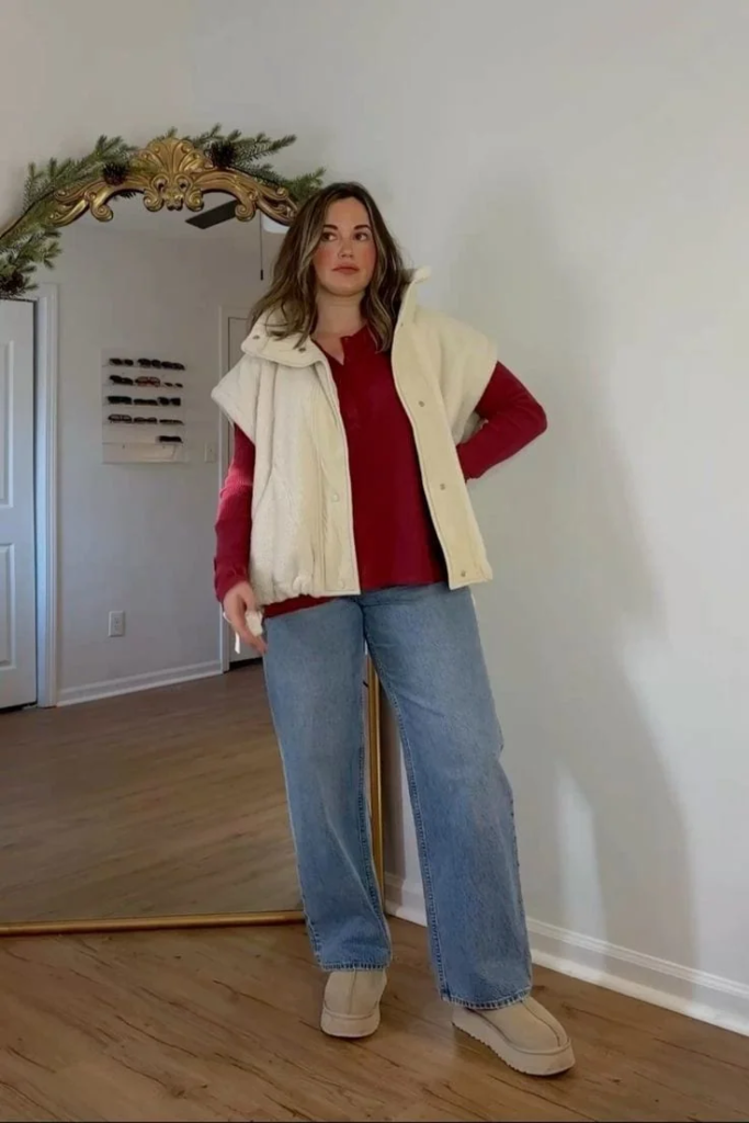 Cream Puffer Vest Over Burgundy Layers