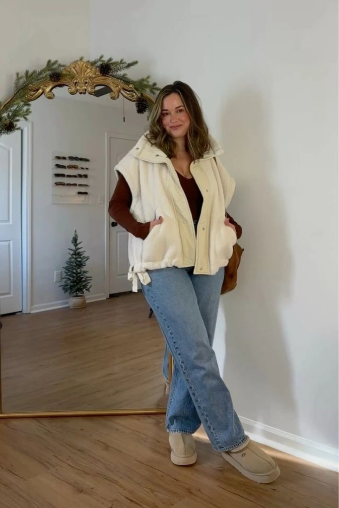 Cream Puffer Vest Over Burgundy Layered Look