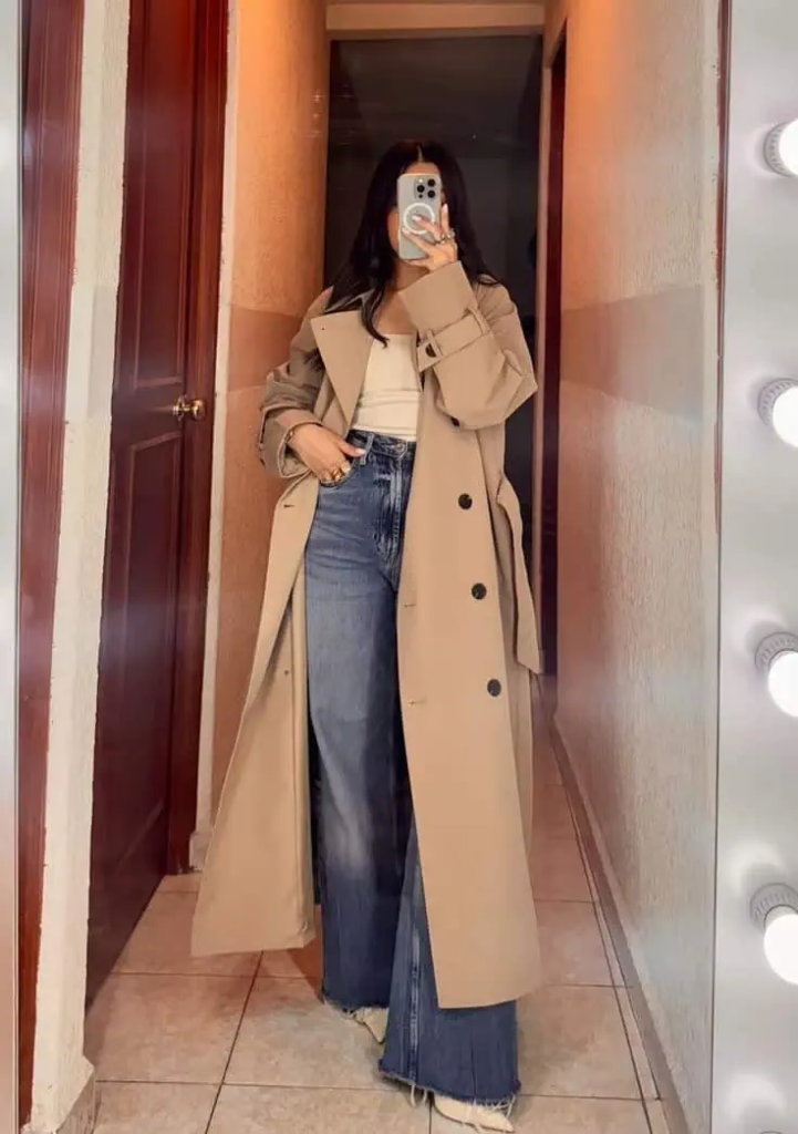 Camel Trench Coat Over Wide-Leg Jeans