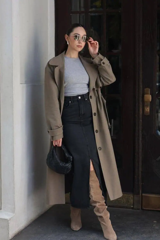 Trench Coat with Black Denim Midi