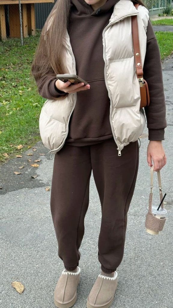 Cream Puffer Vest Over Cozy Hoodie