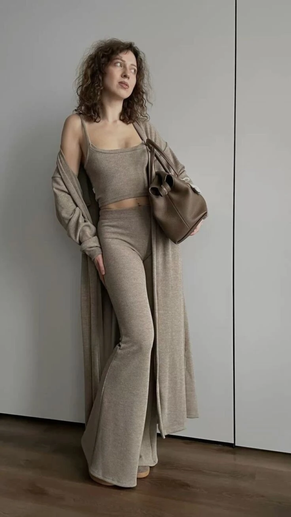 Monochrome Knit Set with Flowing Cardigan