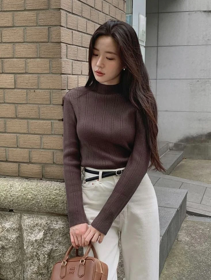 Chocolate Turtleneck with Cream Trousers