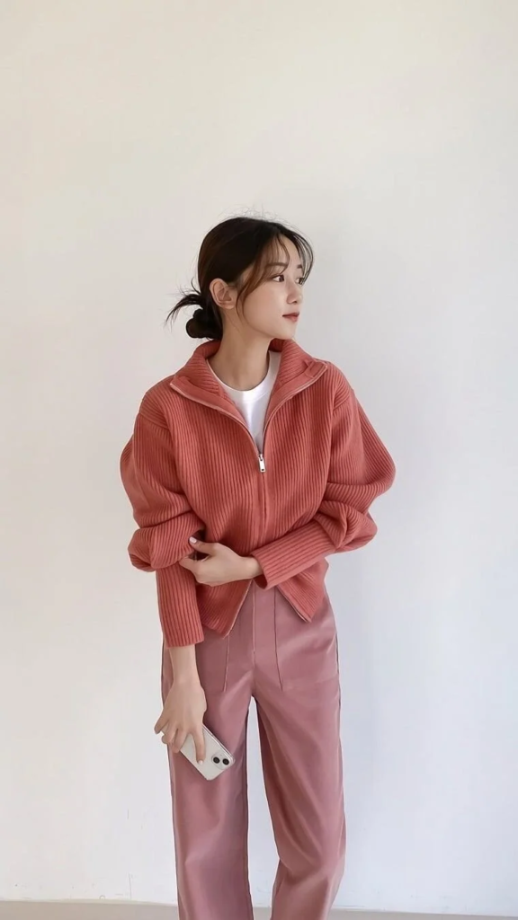Dusty Rose Ribbed Zip-Up Jacket