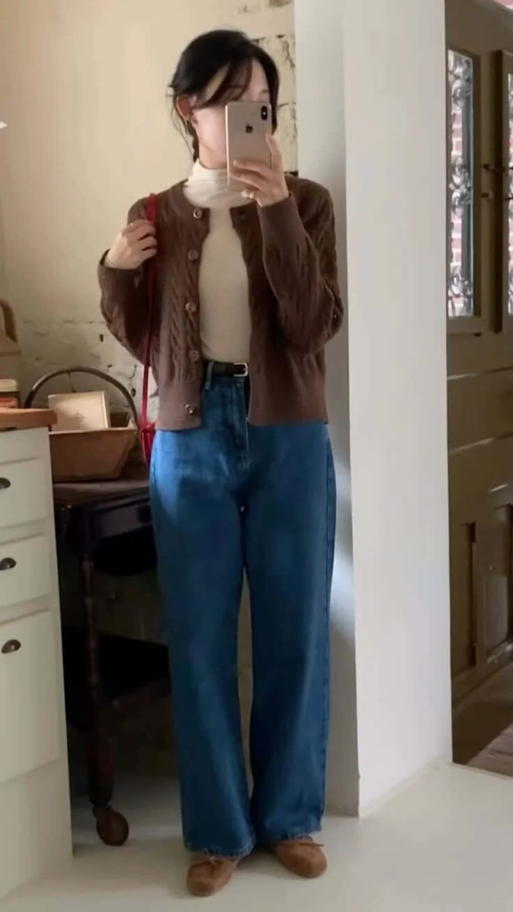 Chocolate Cardigan and Wide-Leg Denim