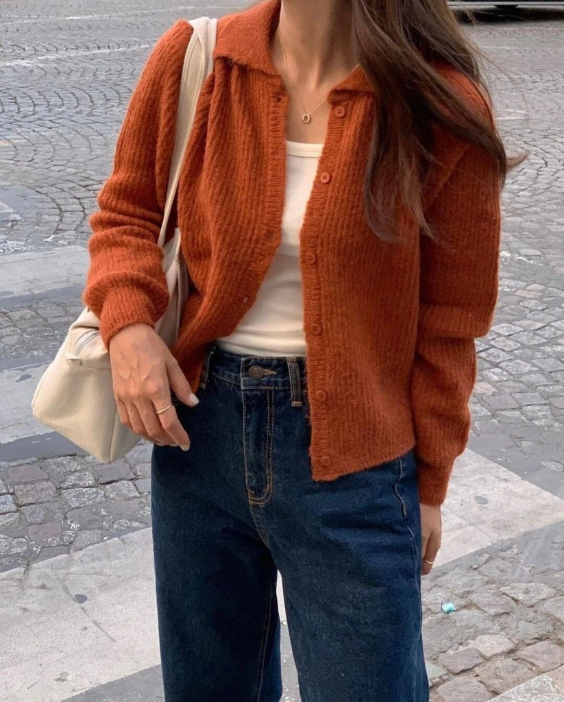 Rust Cardigan With Classic Denim Pairing