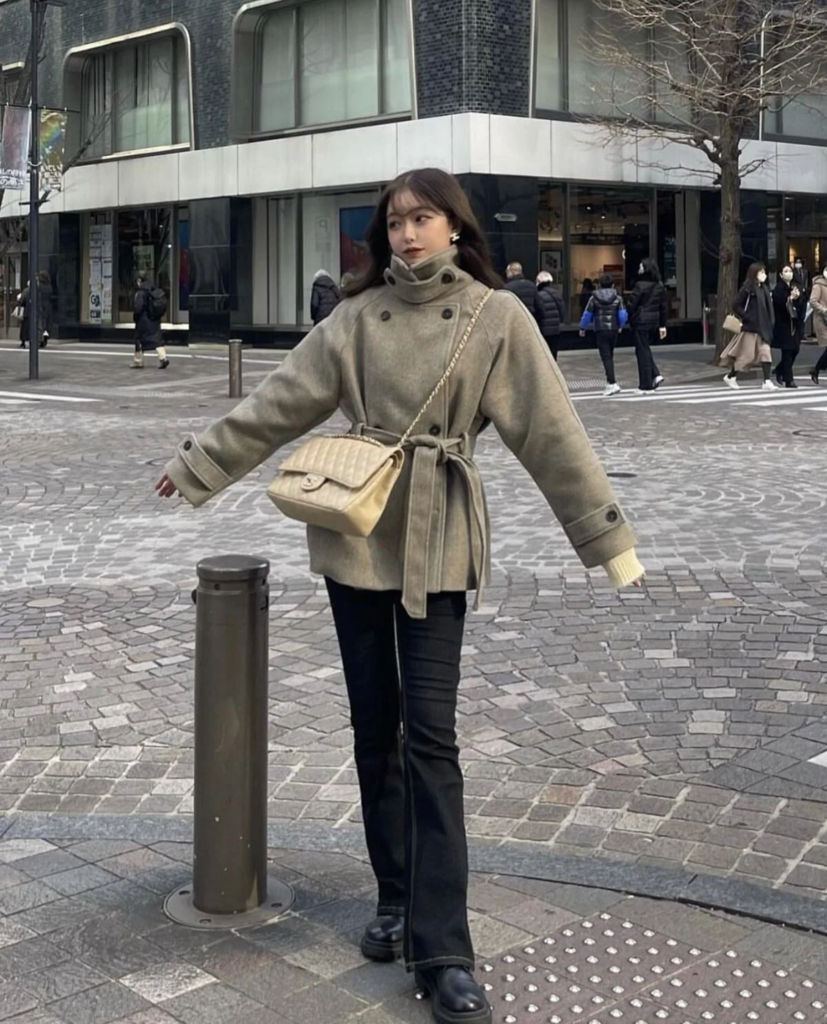 Neutral Turtleneck Sweater With Belted Coat