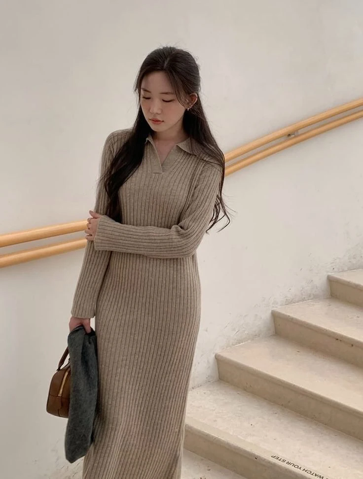 Cozy Ribbed Knit Dress with Layered Sophistication