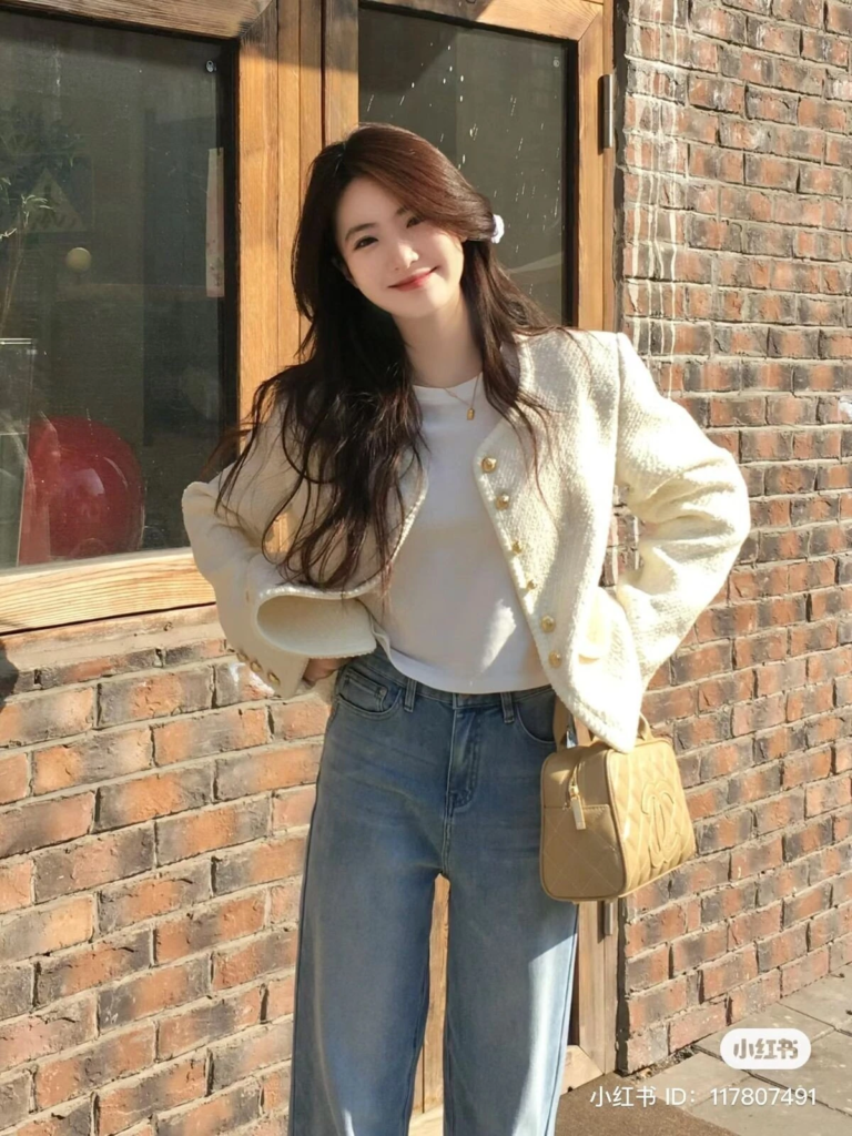 Cream Blazer with Classic Denim