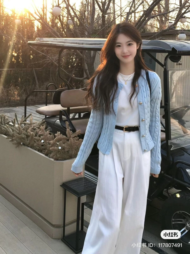 Light Blue Cardigan with Cream Trousers