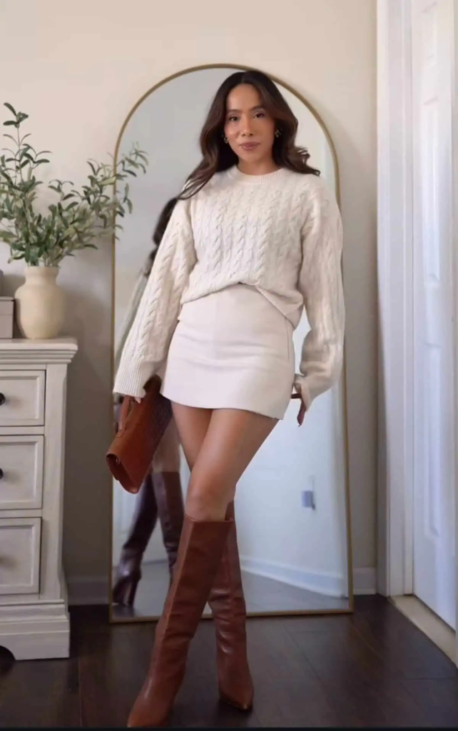 Cream Cable Knit with White Mini Skirt