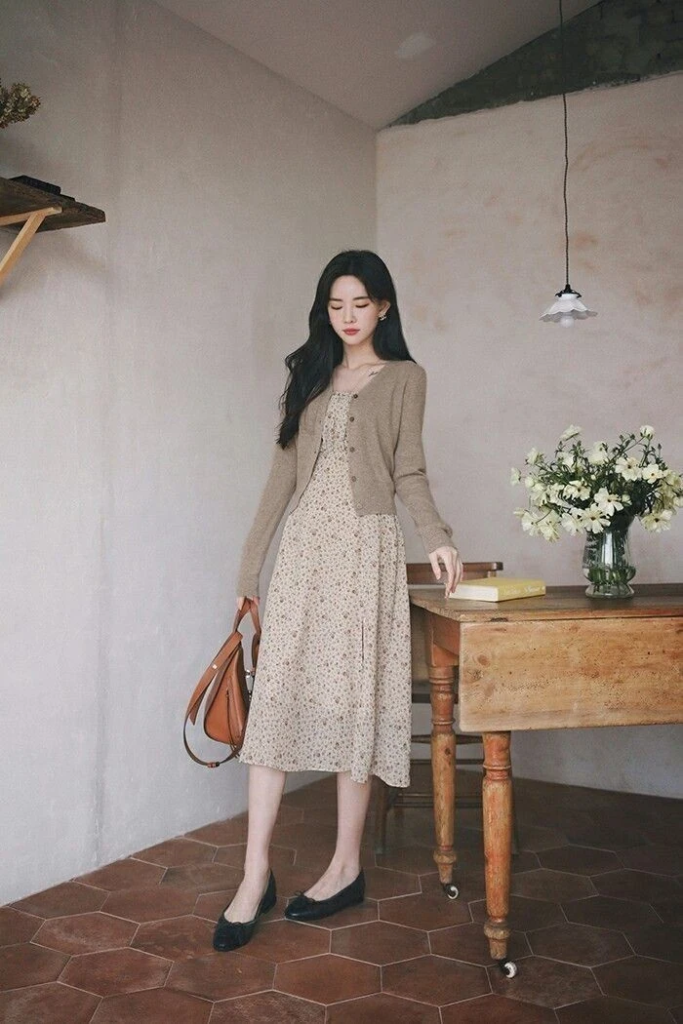 Neutral Cardigan Over Floral Midi Dress