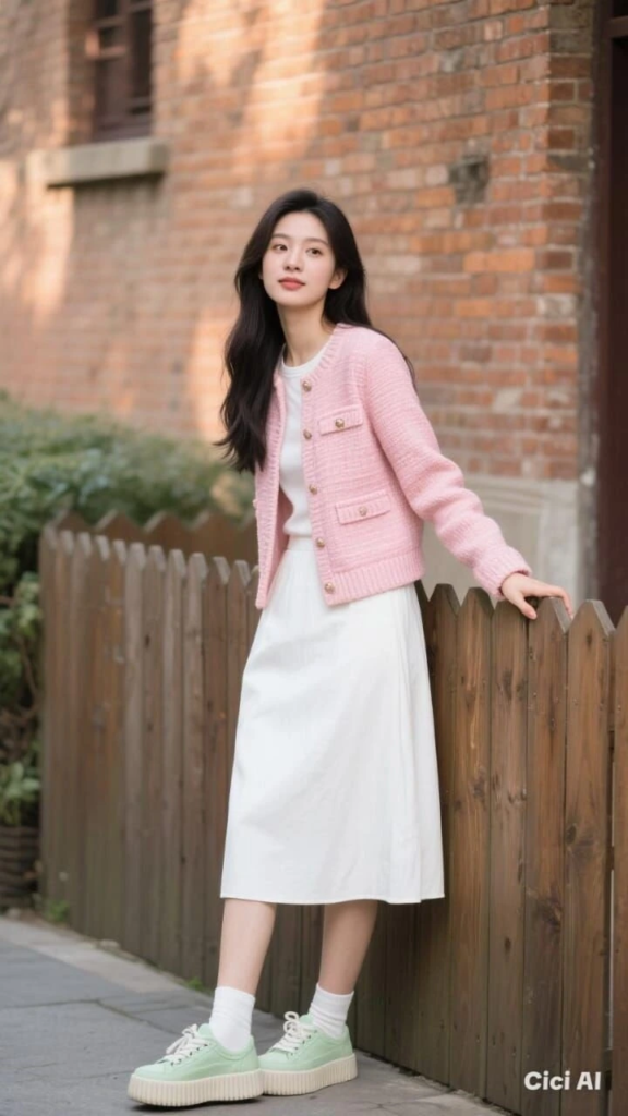 Pastel Pink Cardigan with Cream Midi Dress