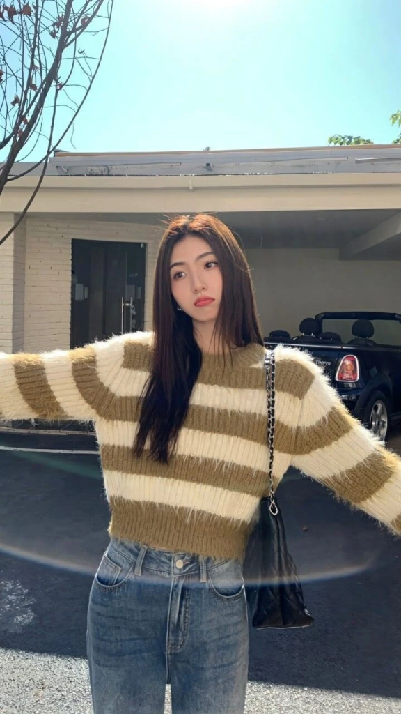 Striped Knit Sweater with Classic Denim