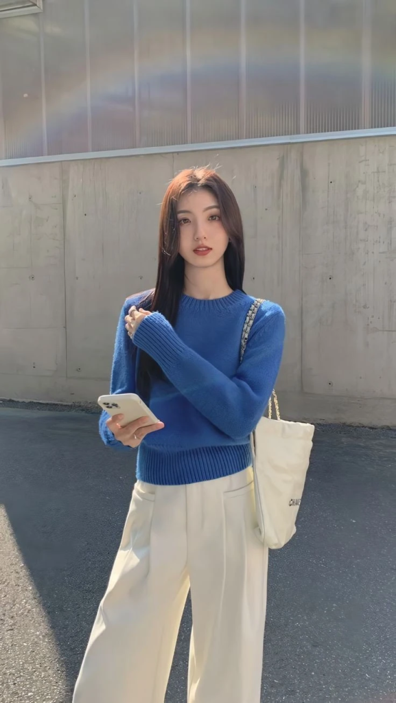 Cobalt Sweater with Cream Wide-Leg Pants