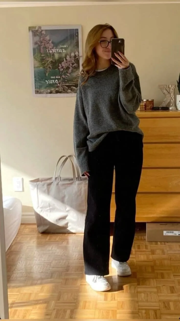 Charcoal Sweater with Black Velvet Pants