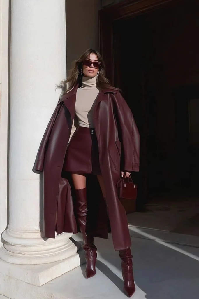 Burgundy Leather Trench Coat Ensemble