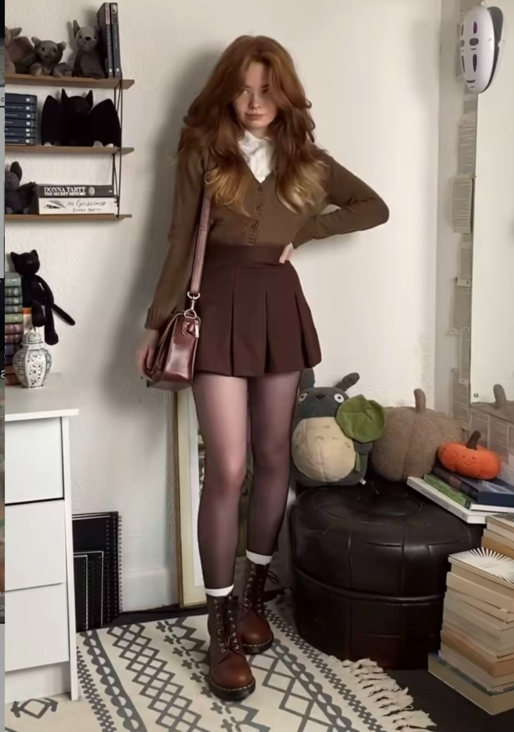 Chocolate Cardigan with Pleated Skirt Ensemble