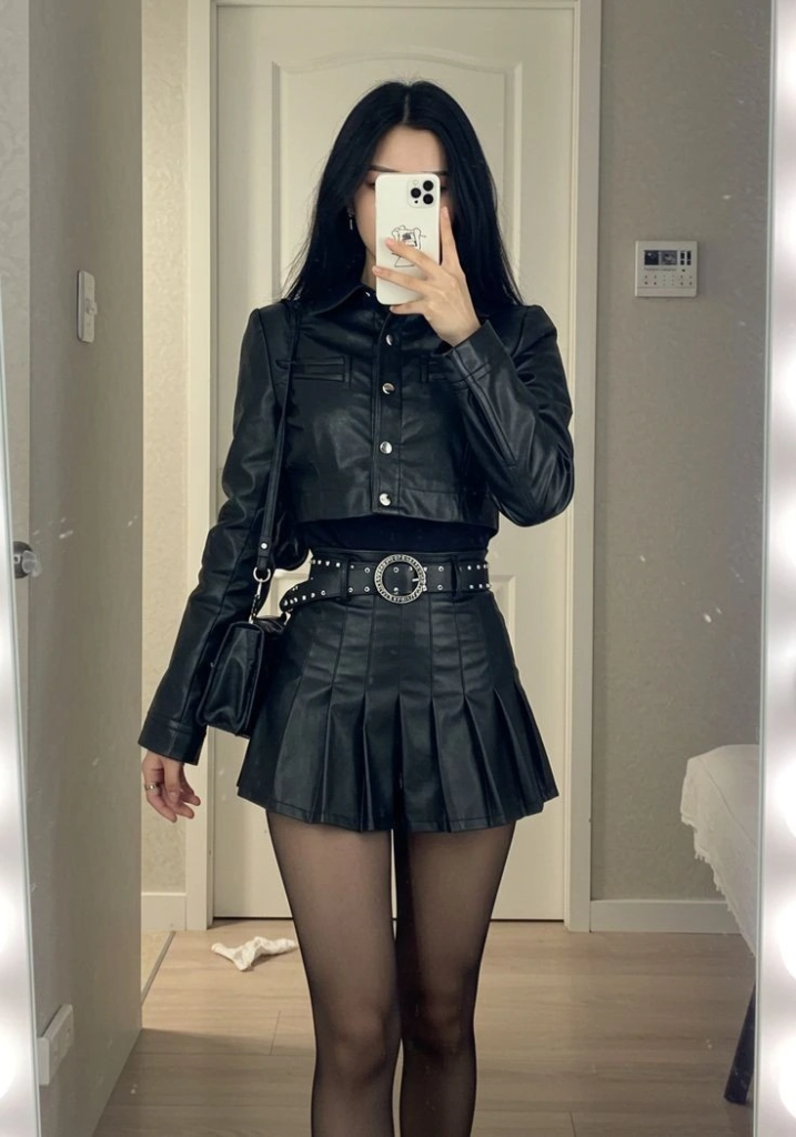 Edgy Leather Jacket and Pleated Skirt