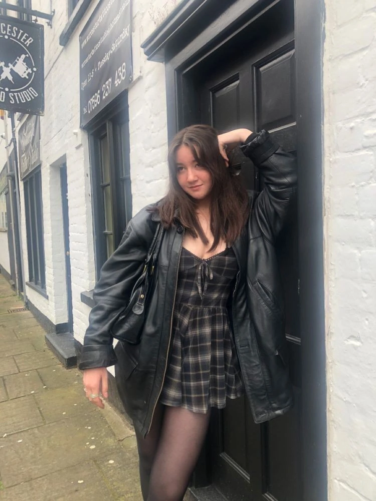 Black Leather Jacket and Plaid Dress