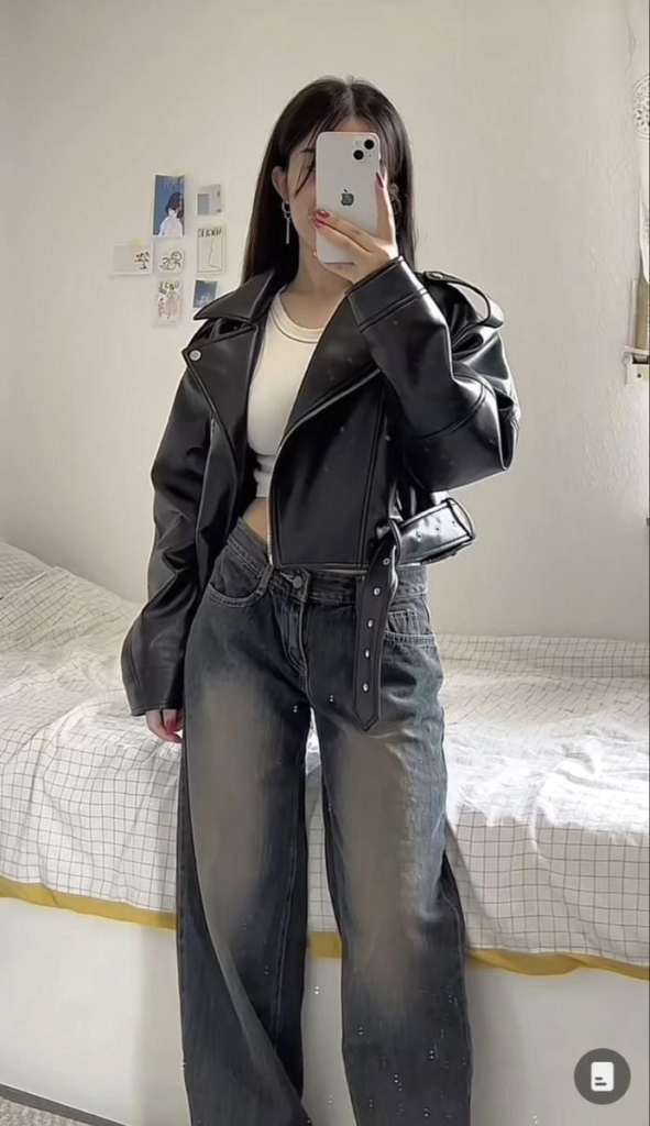 Black Leather Jacket With Wide-Leg Jeans