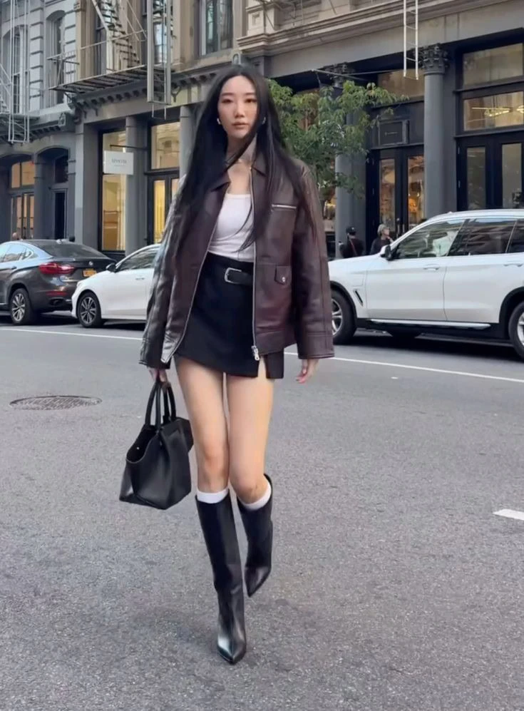 Brown Leather Jacket with Black Boots