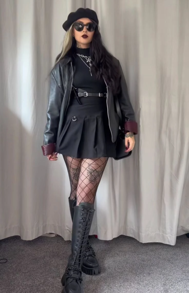 Edgy Leather Jacket with Fishnet Aesthetic
