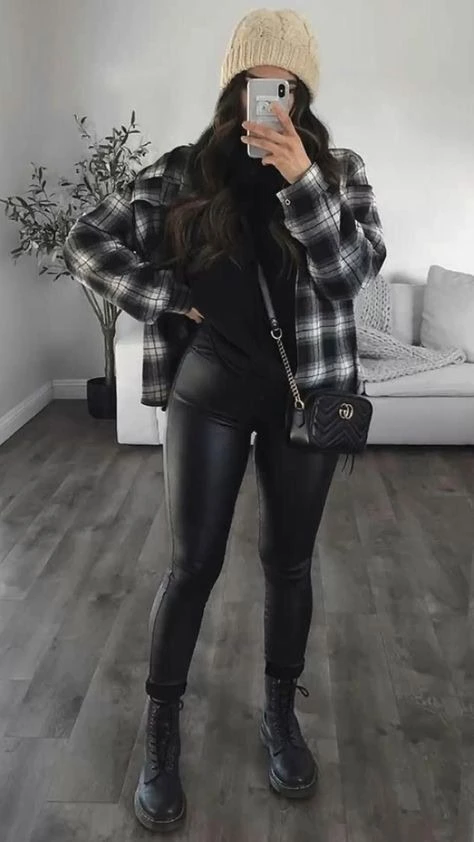 Plaid Blazer with Black Leather Leggings