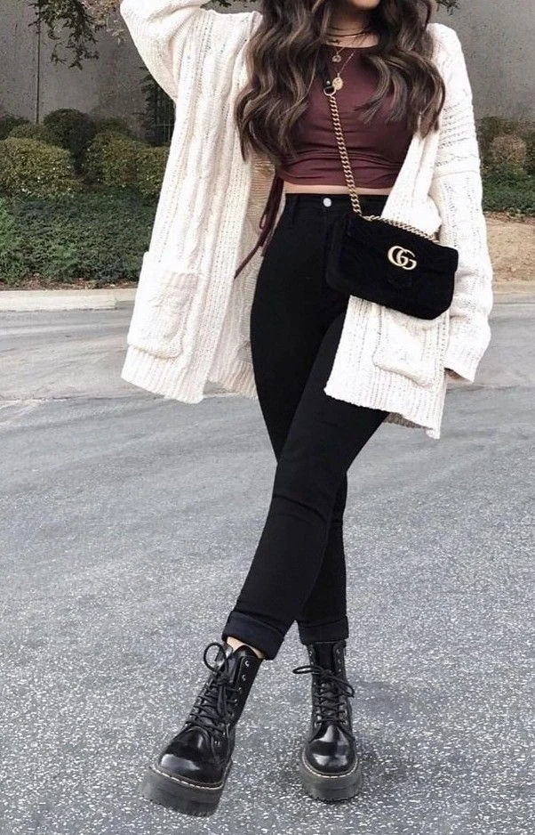 Cream Cardigan with Edgy Black Boots
