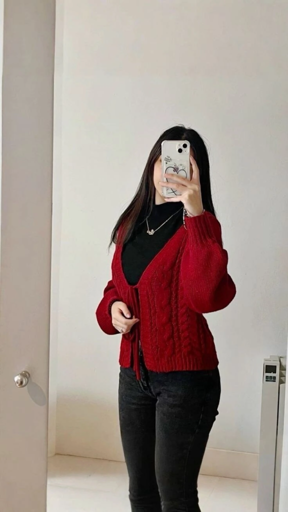 Bold Red Cardigan with Black Layering