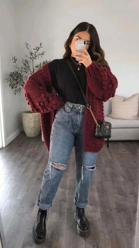 Burgundy Cardigan With Distressed Denim