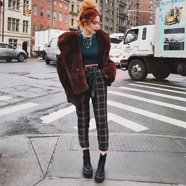 Burgundy Fur Coat with Plaid Trousers