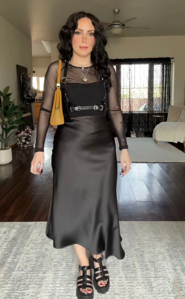 Slip Dress with Sheer Mesh Layering