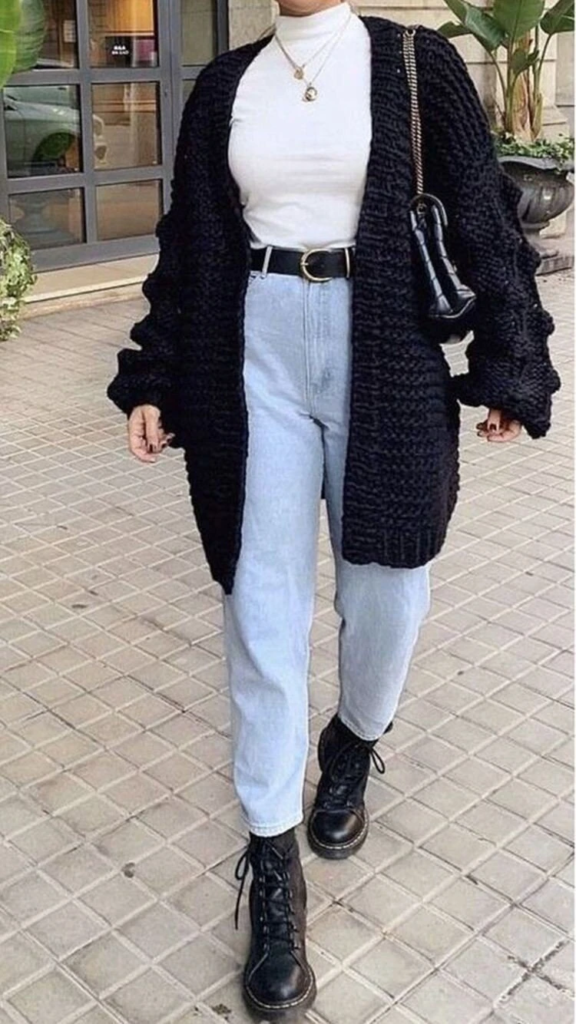 Chunky Cardigan With Light Wash Denim