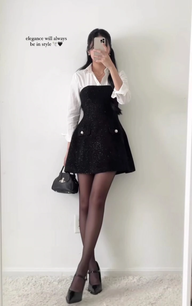 Sparkly Black Skirt with White Button-Up