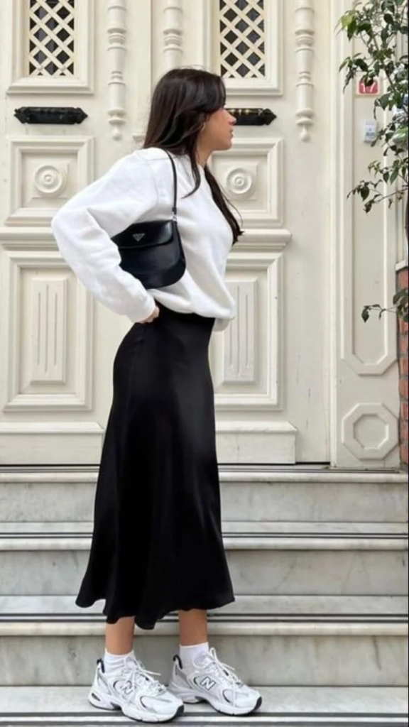 Elegant Black Skirt with Crisp White Blouse