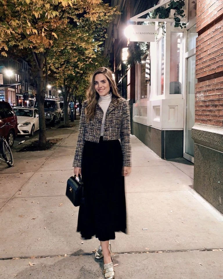 Tweed Blazer with Black Midi Skirt