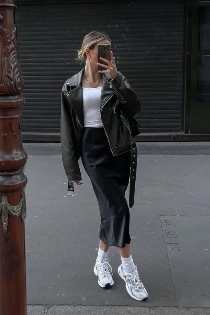 Sleek Black Midi Skirt with Leather Jacket