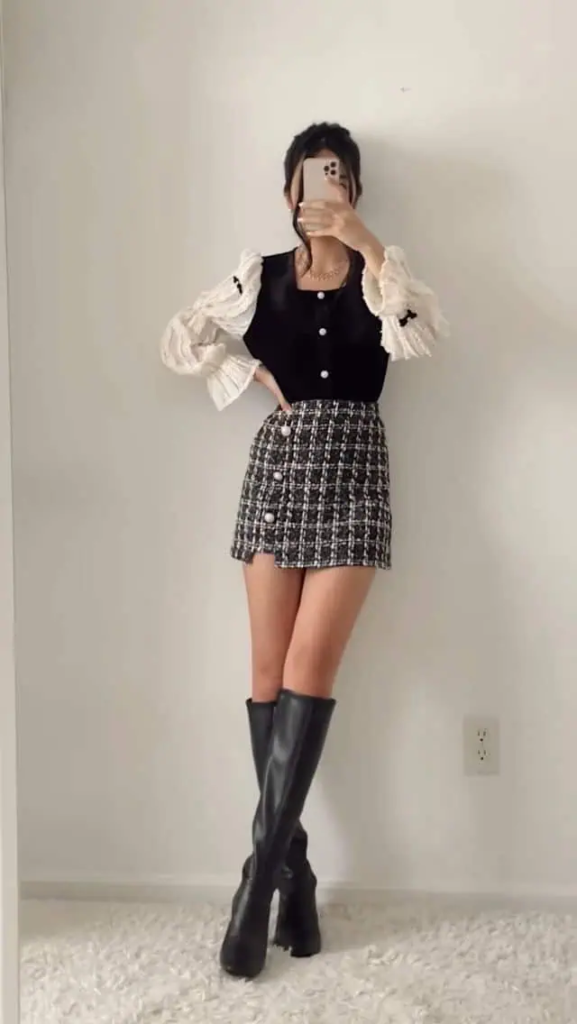 Tweed Skirt With Puffed Sleeves