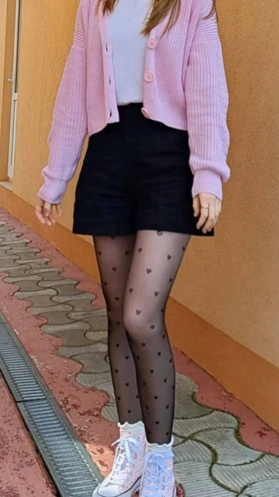 Pastel Pink Cardigan and Patterned Tights