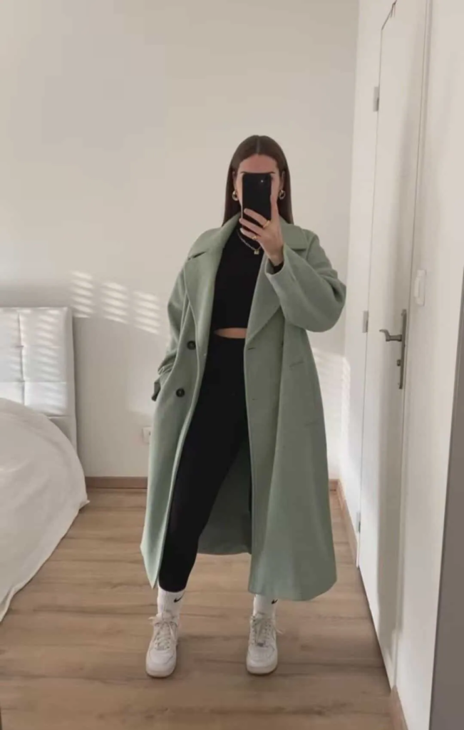 Sage Green Coat Over Athleisure