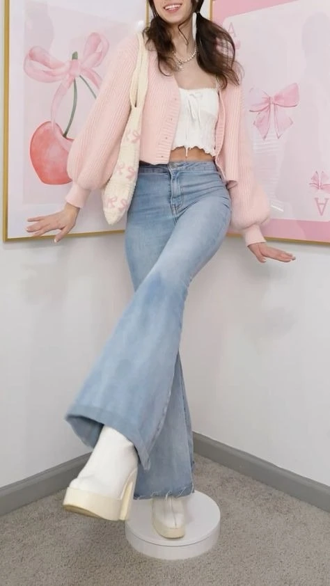 Pastel Cardigan and Flared Jeans