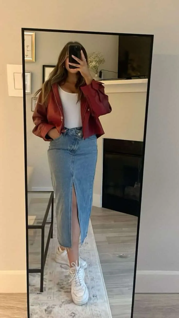 Burgundy Leather and Denim Chic