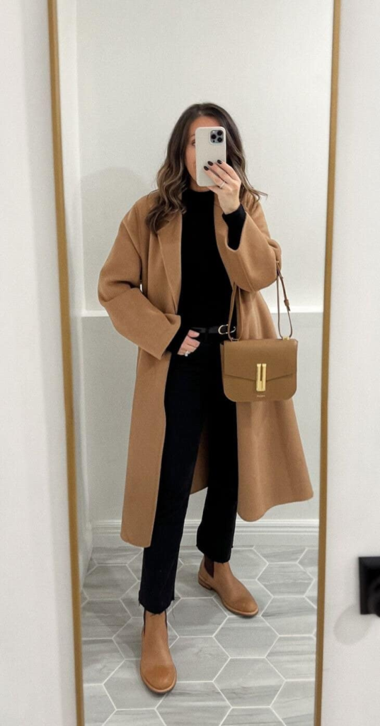 Camel Coat Elegance with Black Basics