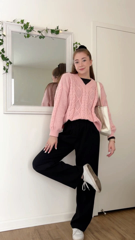 Blush Pink Sweater with Black Trousers
