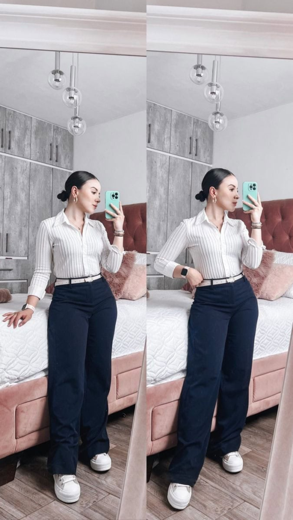 Crisp Contrast: White Shirt, Navy Trousers