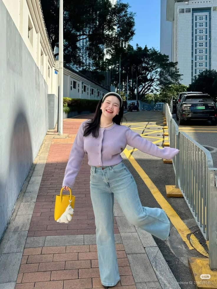 Lavender Cardigan and Wide-Leg Jeans